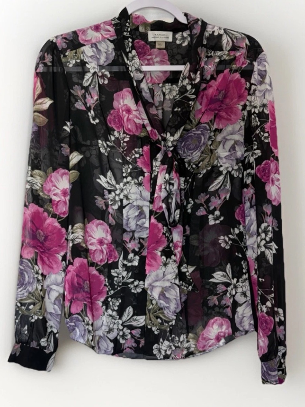 Tahari Arthur S. Levine Womens Button Blouse Top Dark Floral Sheer Office Career